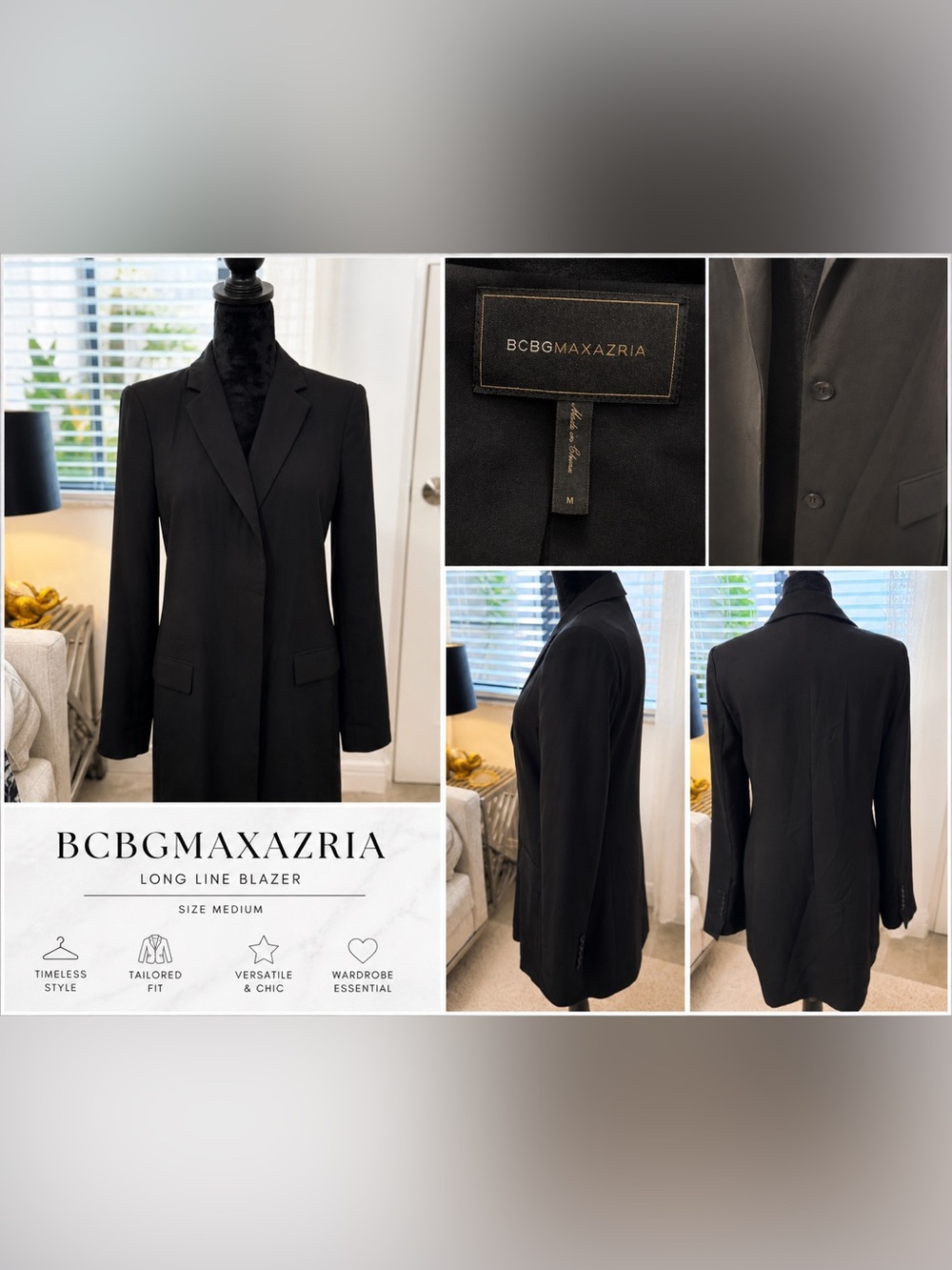 BCBGMAXAZRIA Black Longline Blazer Jacket Size M Tailored Minimal Chic
